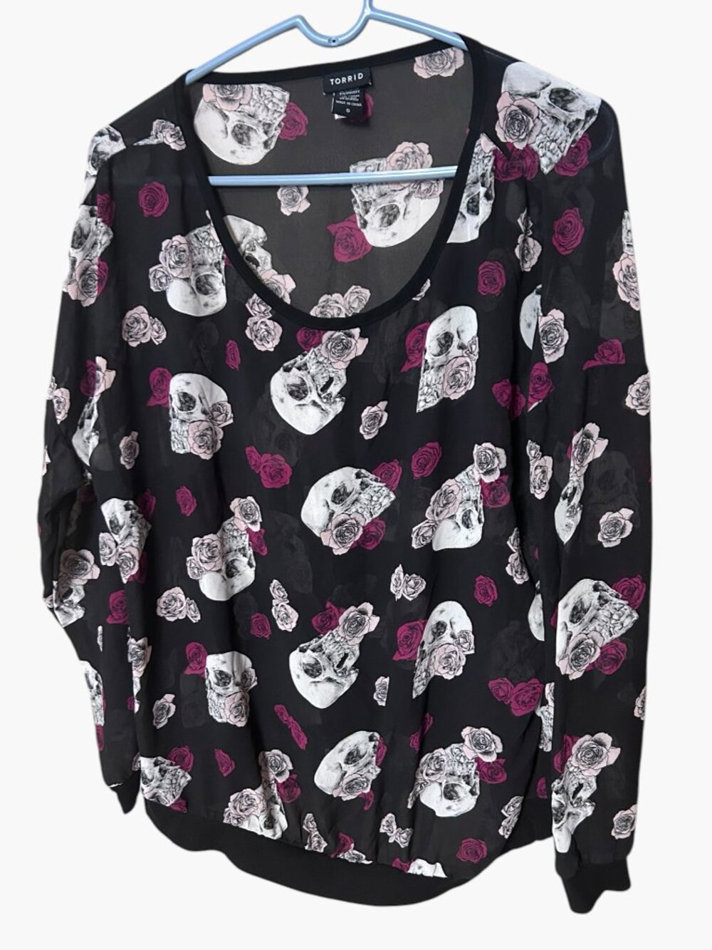 Torrid Size 0 (L / 12) Sheer Black Skull Rose Print Chiffon Top Long Sleeve Goth